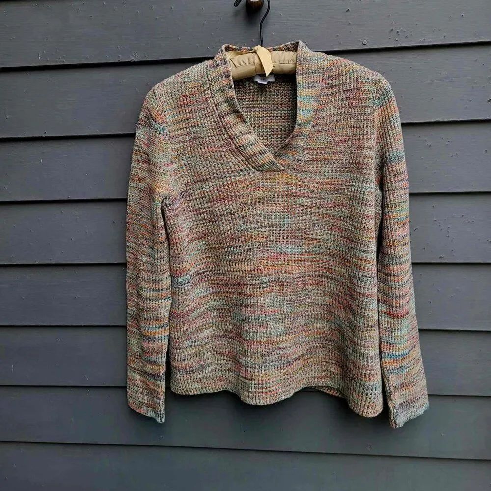 J Jill Beautiful Soft Multi Color Cotton Blend V Neck Sweater Medium